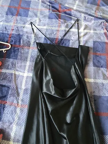 Black satin slip dress with thin straps, size approx M