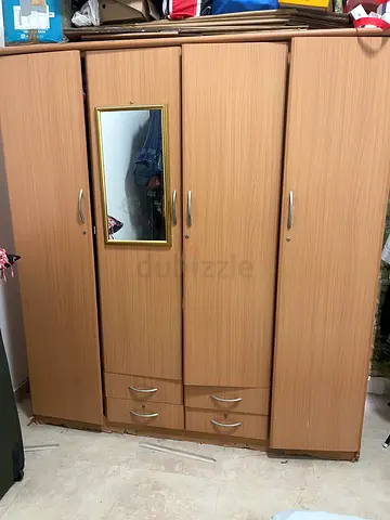 Large 4-door wooden wardrobe, single bed and mattress