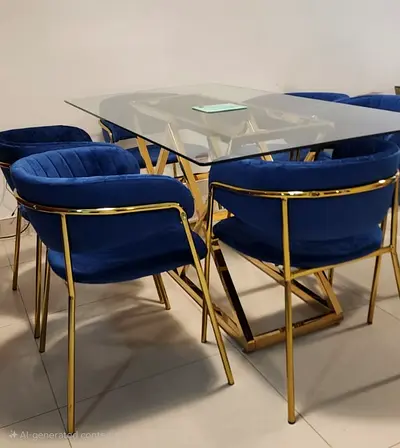 Glass Top Dining Table with 6 Blue Velvet Chairs and Gold Frame