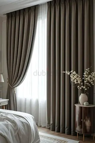 Grey blackout curtains with sheer liners — ready to hang, near-new