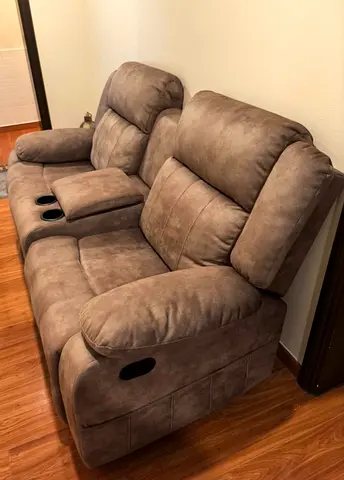 Brown 2-Seater Recliner Sofa with Cupholders - Good Condition