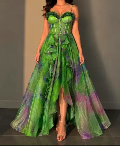 Green watercolor ruffled corset evening gown, high-low formal dress