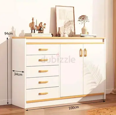White Wooden Sideboard Cabinet with Drawers and Double Doors - 100x94x34cm