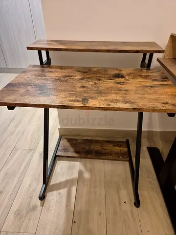 Compact industrial-style computer and writing desk with rustic wood top