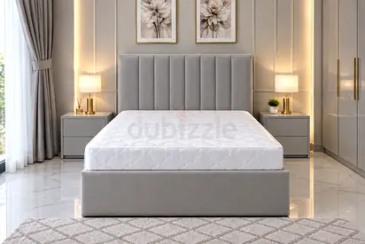 Grey upholstered double bed frame with mattress and headboard - twin bed