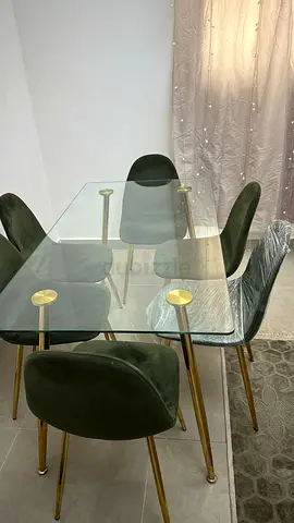 Glass Top Dining Table with 4 Velvet Chairs (Green & Gold) - Good Condition brand new