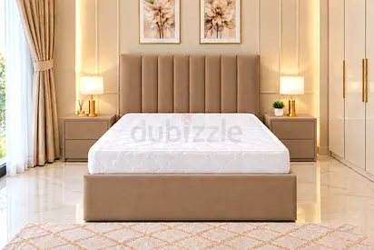 New double bed upholstered bed frame with mattress - beige modern twin bed