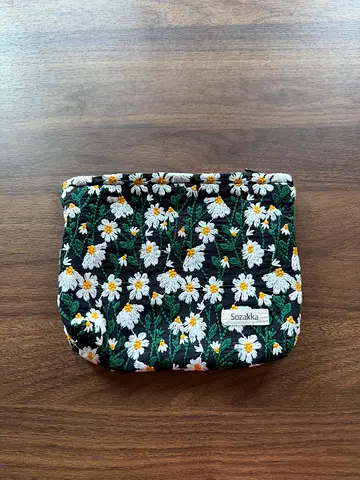Small floral zip pouch / cosmetic bag (black with white daisies)