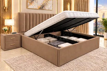 Brand new Queen size bed Hydraulic bed Lift - queen bed, Beige Upholstery hydraulic storage bed