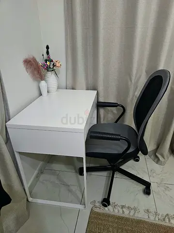 Compact white study desk with ergonomic office chair - good condition