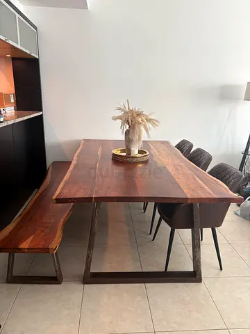 Solid Live-Edge Wood Dining Table & Metal Frame. 3 leather Seats and bench.