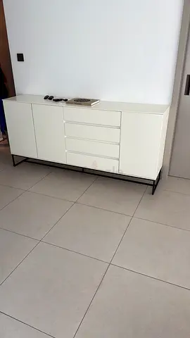 White Modern Low Sideboard / TV Console on Black Metal Frame