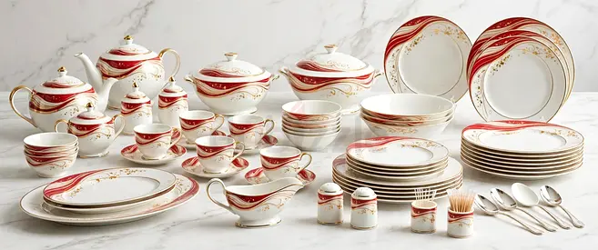 Red and Gold Porcelain Dinnerware Set - 75 Piece Complete Service