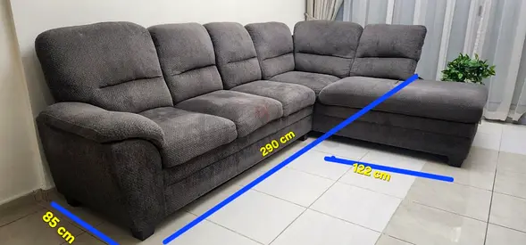 Gray L-shaped 5-seater Fabric Sofa with Chaise - 290cm x 85cm (Good condition)