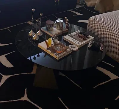 Round Black Glass Coffee Table with Pyramid Base