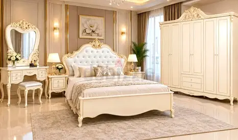 Cream Vintage-Style King Bedroom Set with Wardrobe and Dressing Table size tables and Mattress
