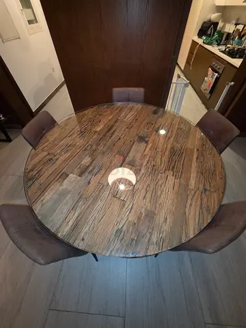 1.5m Round reclaimed wood dining table with glass top and 5 chairs