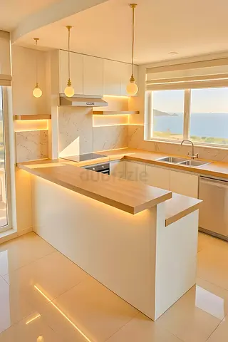 Modern white kitchen island with built-in lighting and breakfast bar