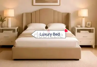 Beige Upholstered King size Double Bed with Headboard - Including Good quality Mattress