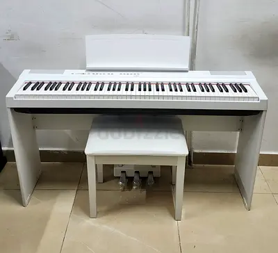 The Yamaha P125WH is a white, compact 88-key digital piano featuring graded hammer action and the