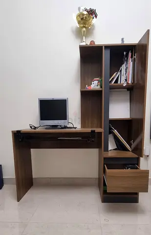 Wooden Study Desk with Tall Shelving Unit and Drawer - Good Condition