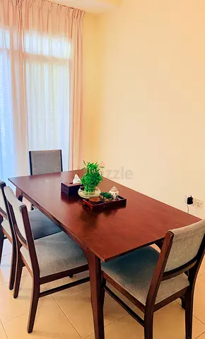 Excellent Walnut Wood Finished Dining Table with 4 Upholstered Chairs and 1 double seater bench
