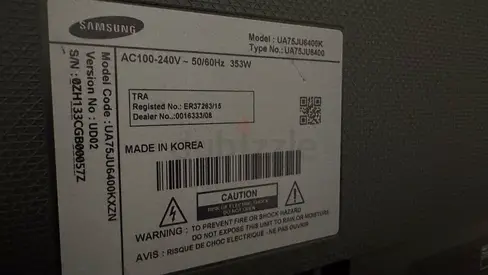 Samsung 40-48 inch LED TV (Model UA75JU6400K) - Label Photo
