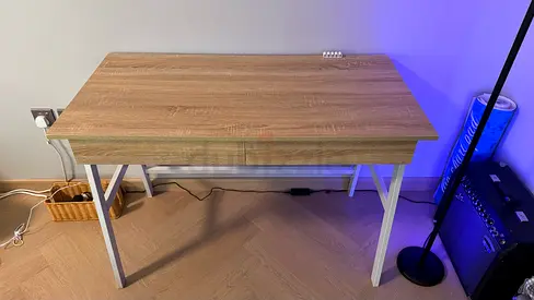 Wooden desk with 2 drawers and white metal frame