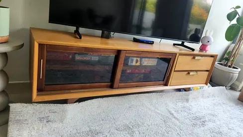 Solid wood wall-mounted entertainment/TV cabinet with glass doors