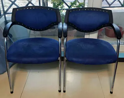 Pair of blue guest/visitor chairs with chrome legs