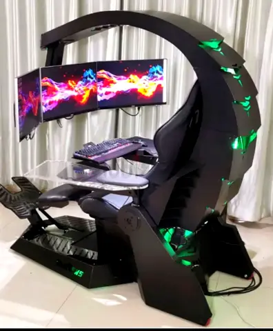 Ergonomic full gaming cockpit with triple monitor mount and RGB lighting