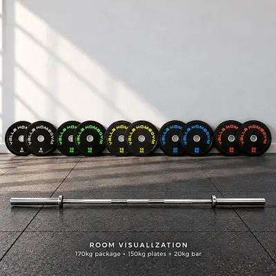 YALLA 170kg Olympic Weight Package – 150kg Bumper Plates + 20kg Barbell