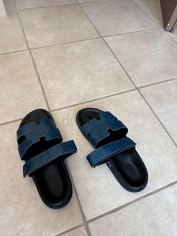 Men's navy double-strap slide sandals, lightly used.