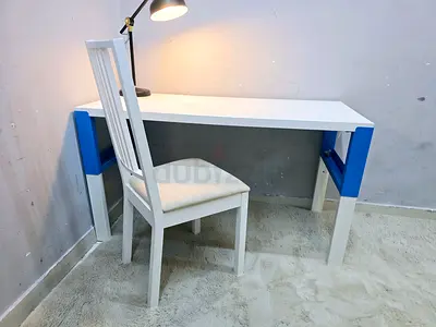 White study desk with blue accents and matching chair - good condition