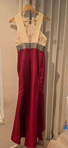 Red and Ivory Evening Gown with Silver Waist Detail, Size Unknown