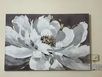 Large Hand-Painted Floral Canvas Painting — White Flower on Grey Background