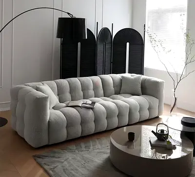 Light grey tufted 3-seater boucle sofa - modern lounge couch