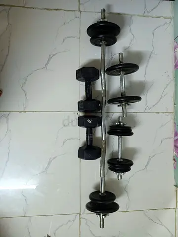 Adjustable dumbbell set with curl bar and hex dumbbells