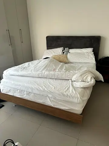 Modern King Size Wooden Bed with Dark Grey Fabric Headboard - Excellent Condition