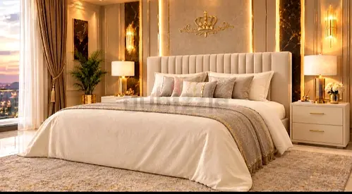 New King size upholstered bed with Mattress and decorative headboard