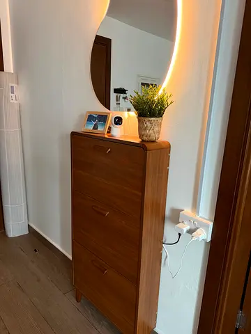 Modern Scandi Entryway Set: Walnut Shoe Cabinet & Irregular Backlit Mirror