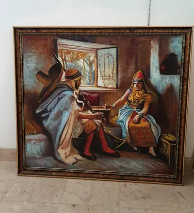 Vintage Oil Painting of Traditional Couple in Interior Scene, Framed
