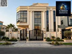 Luxurious corner villa with a classic design, featuring two floors and a rooftop; offered as an all-