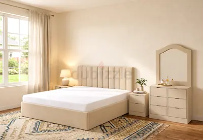 Beige Upholstered Bed queen bed, Nightstand and Dresser - bedroom set queen size bed