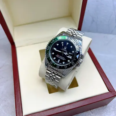 Rolex GMT-Master style stainless steel watch with green/black bezel