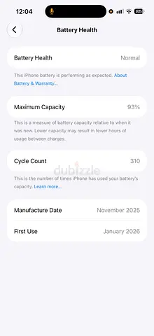 iPhone battery health 93% — Good condition (310 cycles)