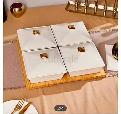 Set of 4 White Ceramic Covered Serving Bowls on Bamboo Tray