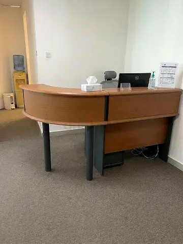 Curved Reception Desk / Front Counter + 3 desks - Wooden Finish  , Excellent condition