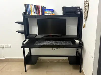 Black Computer Desk with Shelves and Chair