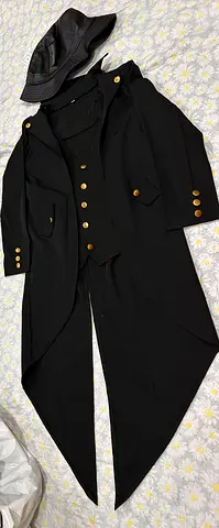 Detective costume with leather Hat Black Tailcoat Blazer with Gold Buttons kids 5 to 11 years old